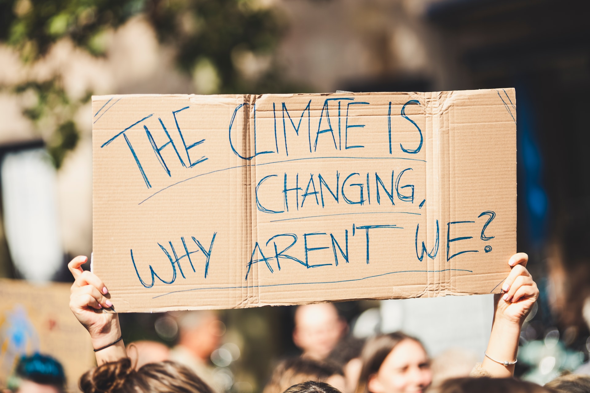 A protester in a crowd raises with both hands a handwritten sign on a brown cardboard about climate change