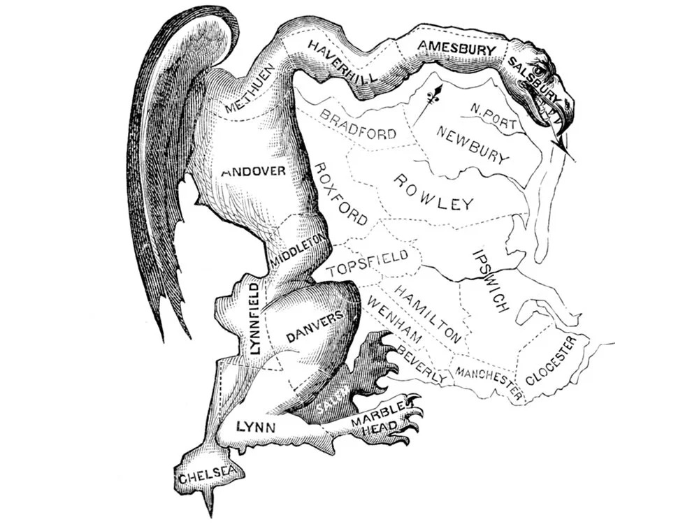 A black-and-white senatorial district outline drawing, with a winged salamander on the right portion