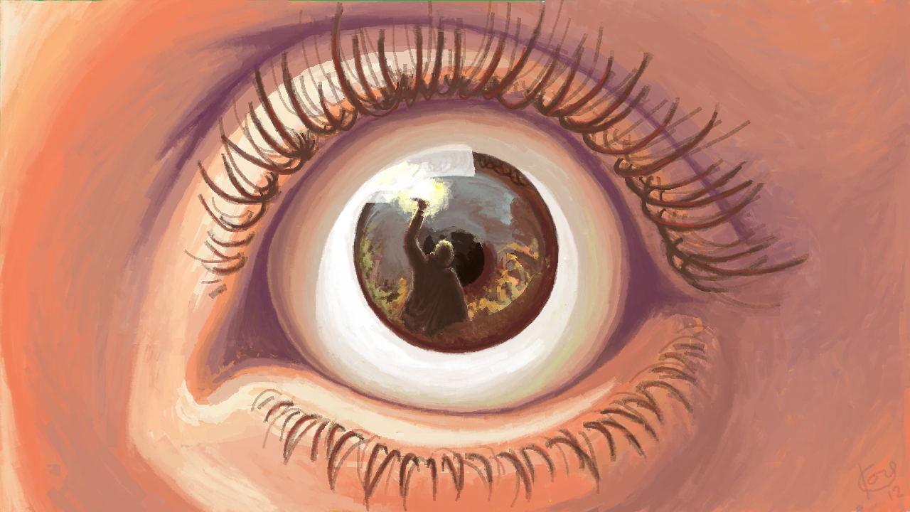 A painting showing one eye and the iris part is showing an act of violence