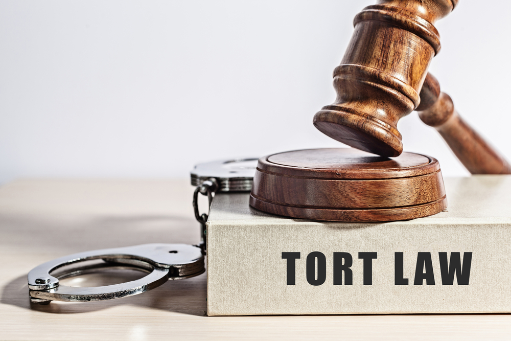 Tort law and a gavel and handcuff on top of it